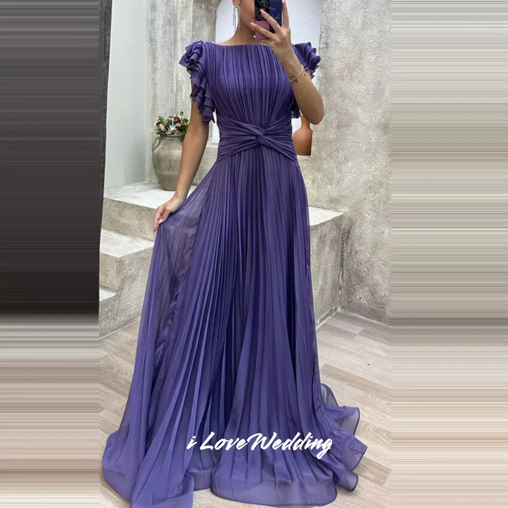 Rose Pink O-Neck Evening Dresses 2025 Cap Sleeves Ruffles A Line Floor-Length Pleated Prom Dress Wedding Party Dress Customized