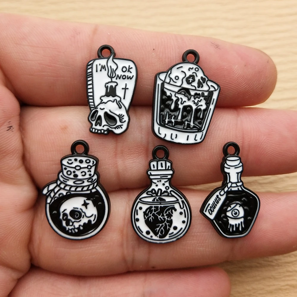 10 Stück Halloween-Totenkopf-Anhänger für die Schmuckherstellung, Halskette, Armband, Ohrring, Anhänger, DIY-Zubehör, Legierungsmetall, schwarz plattiert