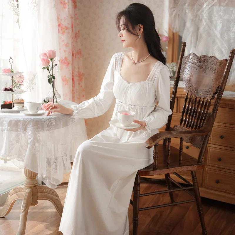 

Long Sleeve Cotton Sleep Dress Women Princess with Built-in Padding Long Nightgown Lace, Home Clothing, Autumn
