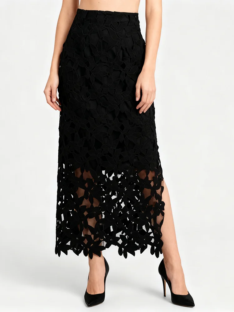 Exquisite Black Long Skirt For Women With Unique DesignFloral Cutouts And High-End Aesthetic