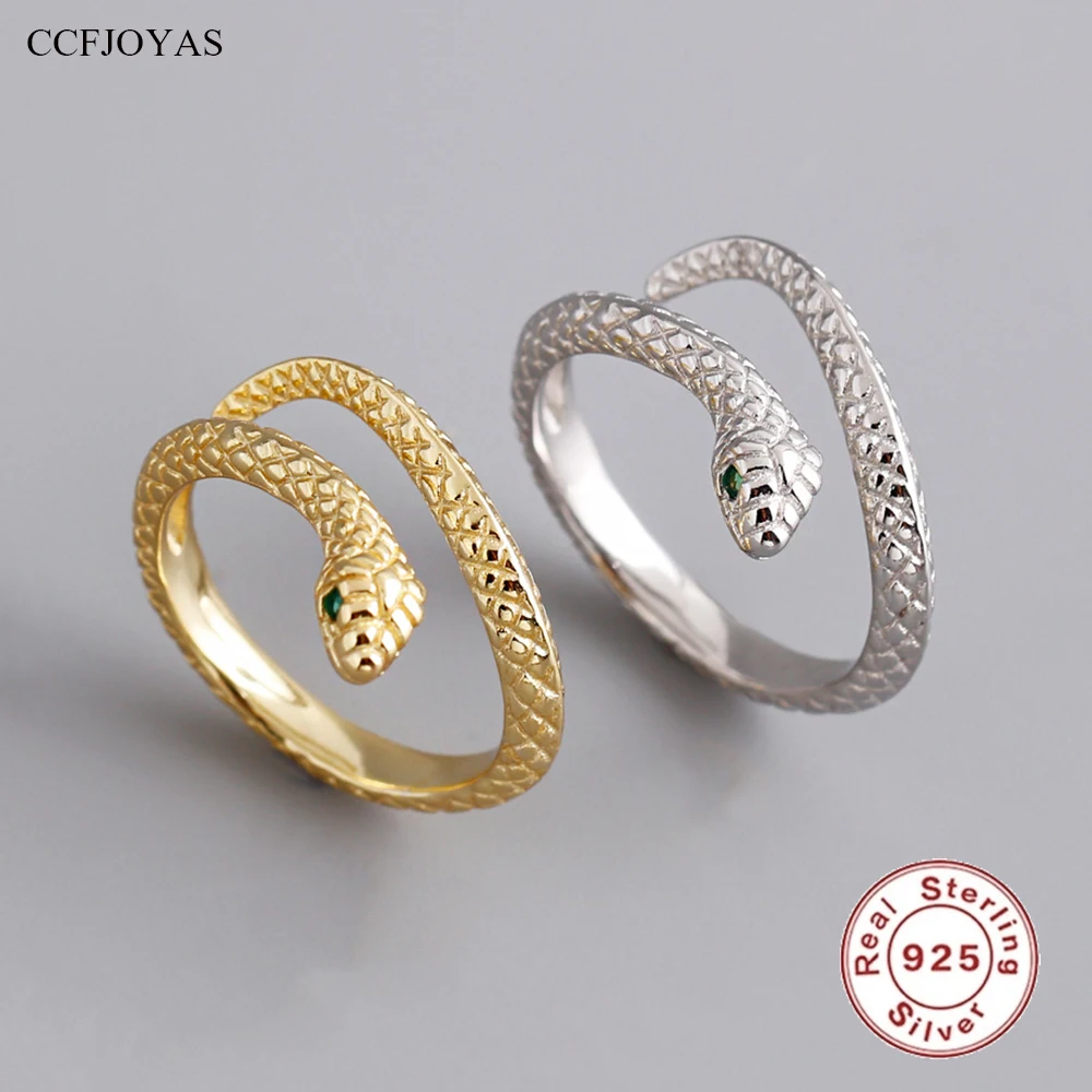 

CCFJOYAS 925 Sterling Silver Snake Open Rings for Women European and American Punk Rock Gold Silver color Finger Fashion Jewelry