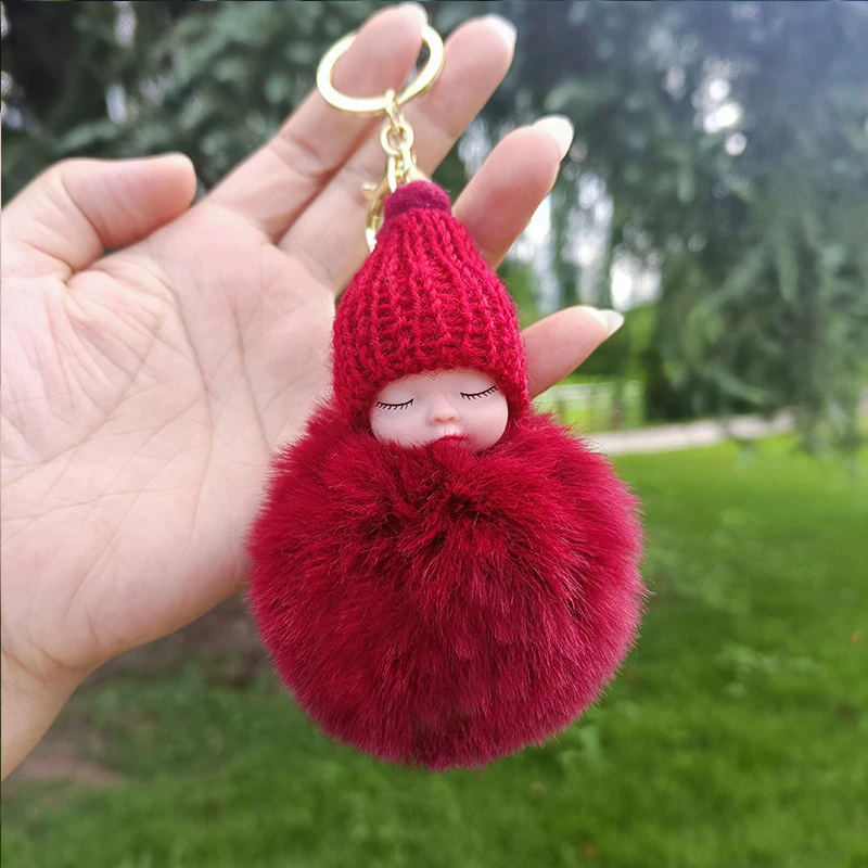 50Pcs Doll Pom Pom Keychain Cute Fluffy Sleeping Baby Doll Keychain Pompom Car Keyring Wallet Bag Phone Pendant Bag Charm