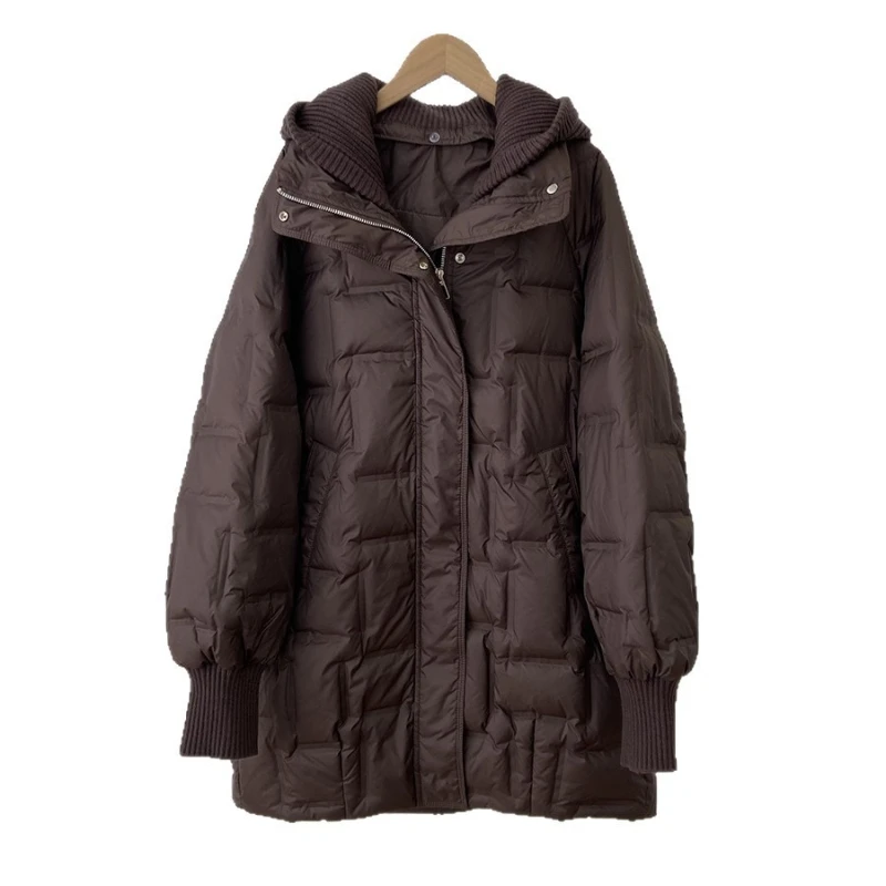 เสื้อโค้ทกันหนาวสำหรับผู้หญิง แจ็คเก็ตขนเป็ดสีขาว หมวกถักแบบถอดได้ ยาว อุ่น เรียบง่าย สบาย ลำลอง ไม่ซ้ำใคร อเนกประสงค์