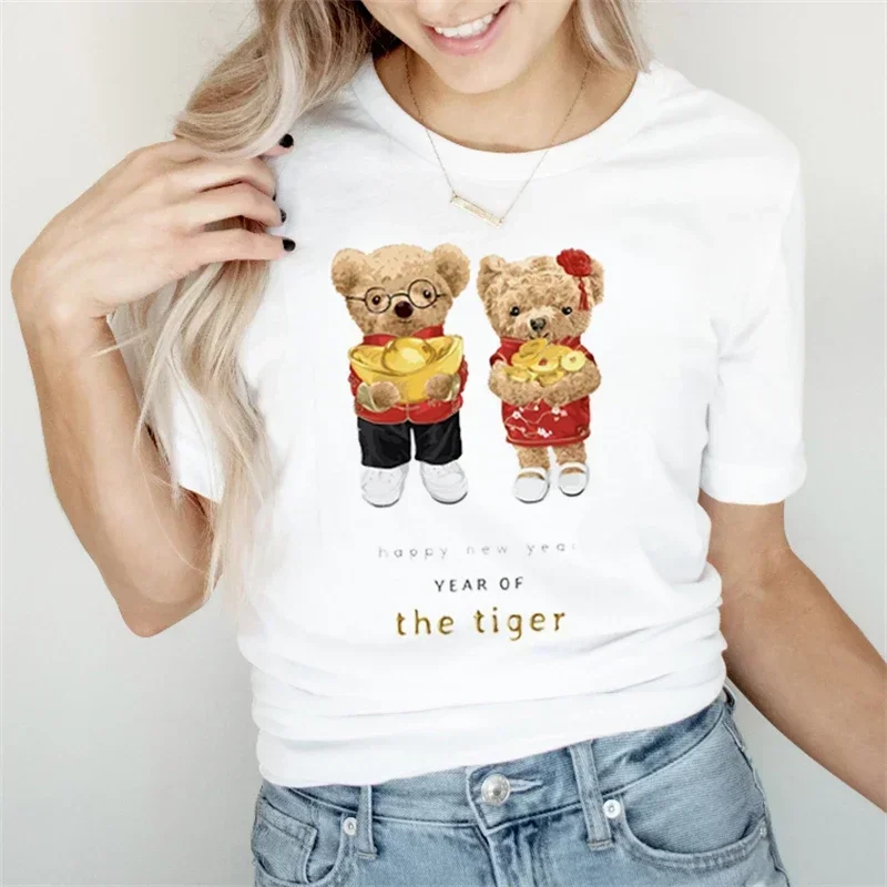 Summer Women\'S Fun Cute Girl Bear Print T-Shirt Women\'S Fashion Clothing Pattern T-Shirt Leisure Women\'S Simple Short Sleeve T-S