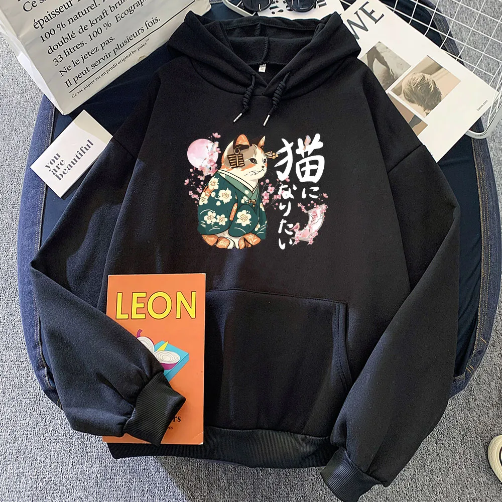 Ukiyoe Style Kanji Cat Printing Hoodies Japanese Blossom Sakura Graphic Sweatshirts Casual Women/Men Clothing Cartoon Pullovers