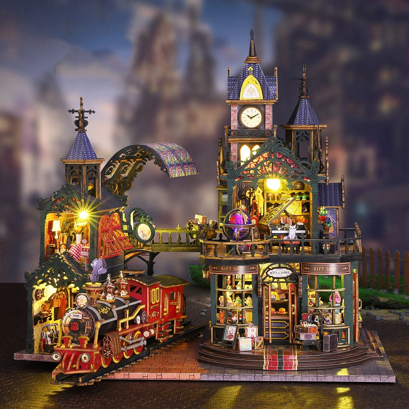 DIY Szyna Kolejowa Urocze Miasteczko Domki dla Lalek Drewniany Miniaturowy Model Zestaw Puzzle 3D Magiczny Domek dla Lalek z Meblami na Prezent dla Przyjaciół