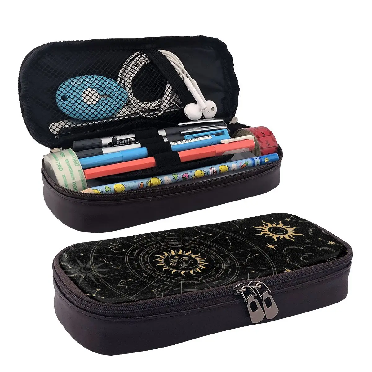 Night Sky Golden Celestial Stars Zodiac Constellations Leather Pencil Case for Students School Pen Box Pencil Bag Pen Holder Bag