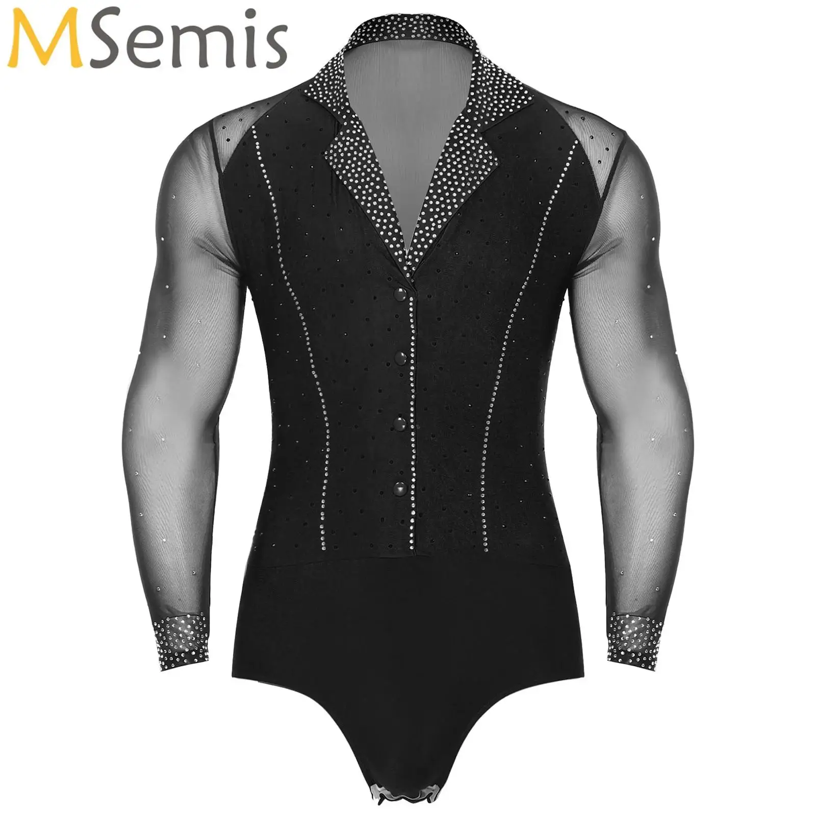 Mens Latin Tango Ballroom Dance Leotard Lapel Collar Sheer Mesh Patchwork Long Sleeve Sparkly Rhinestone Bodysuit Stage Wear 3XL