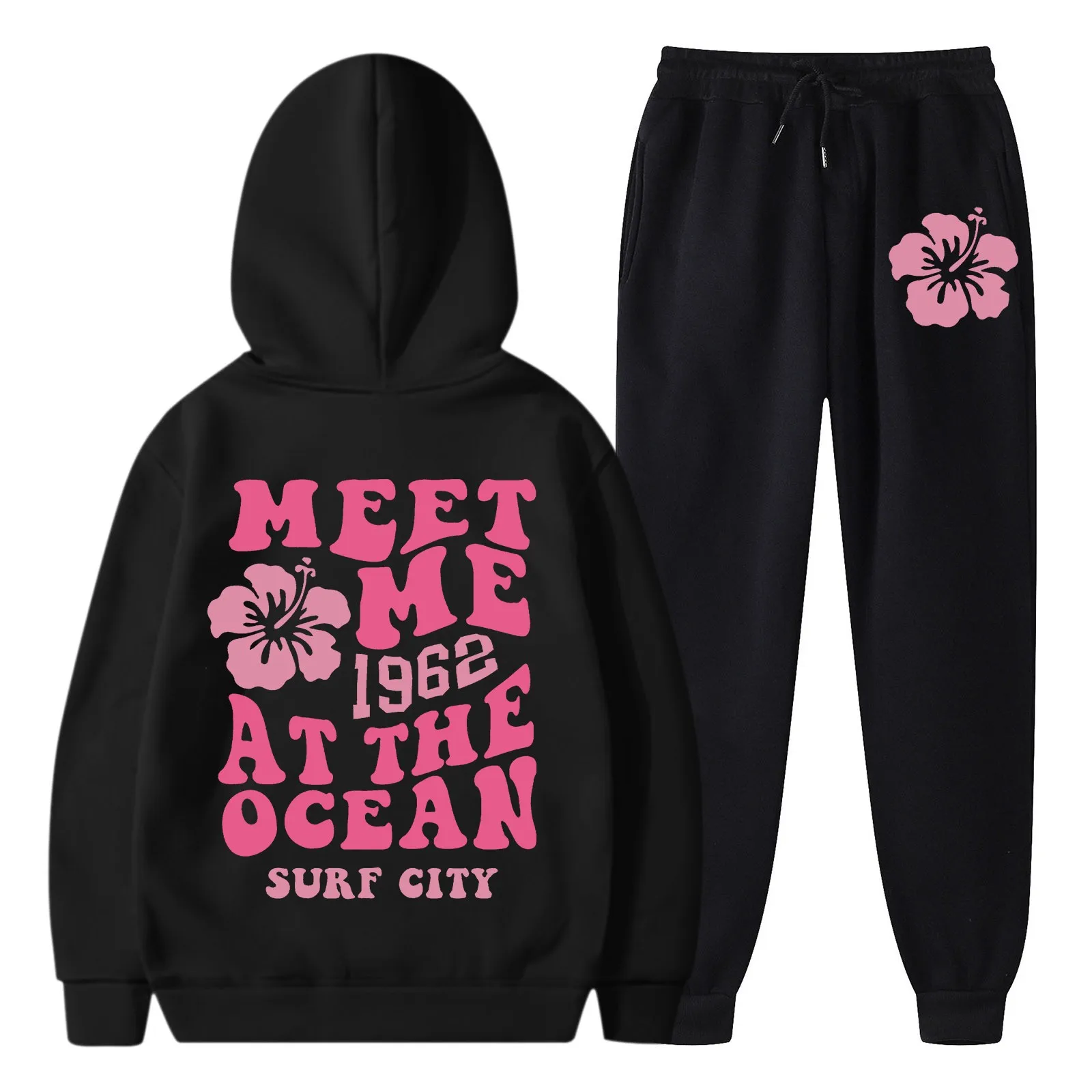 2024 Nieuwe Warme Herfstpak Voor Dames En Winter Effen Kleur Casual Plus Fleece Verdikte Hoodie Met Bloemblaadjes Print Met Trekkoord Lange Broek