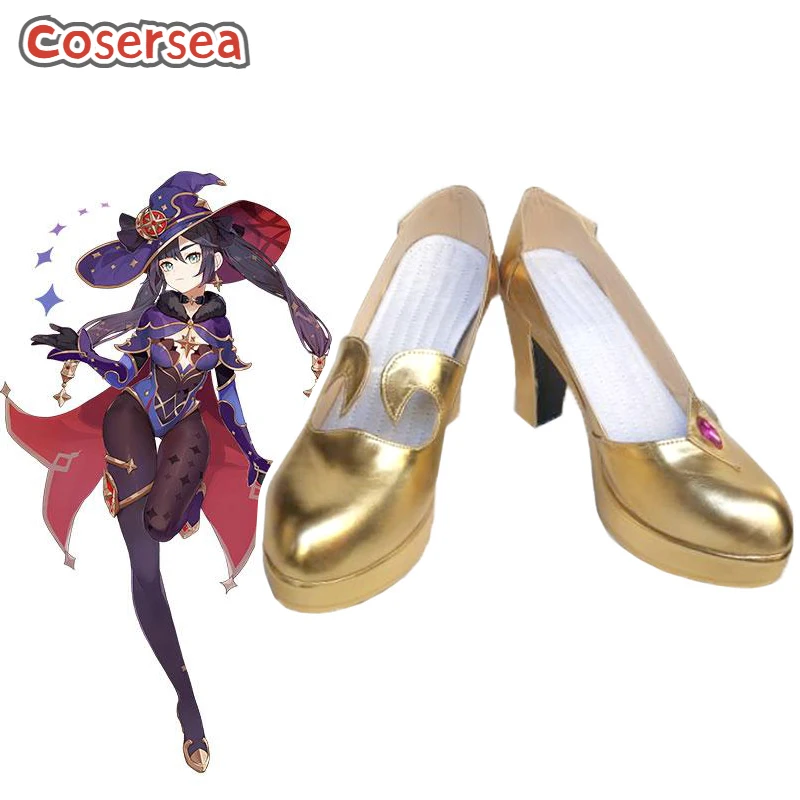 

Cosersea Game Genshin Impact Mona Cosplay Shoes Female Or Male High Heel Women Golden PU Leather Shoe Halloween