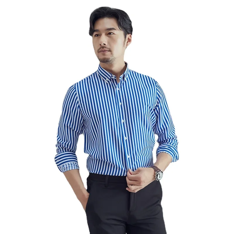 

New Trend Casual Cotton Mens Shirts Button Soft Thin Business Long Sleeve Stripe Shirt Lapels Outwear Streetwear