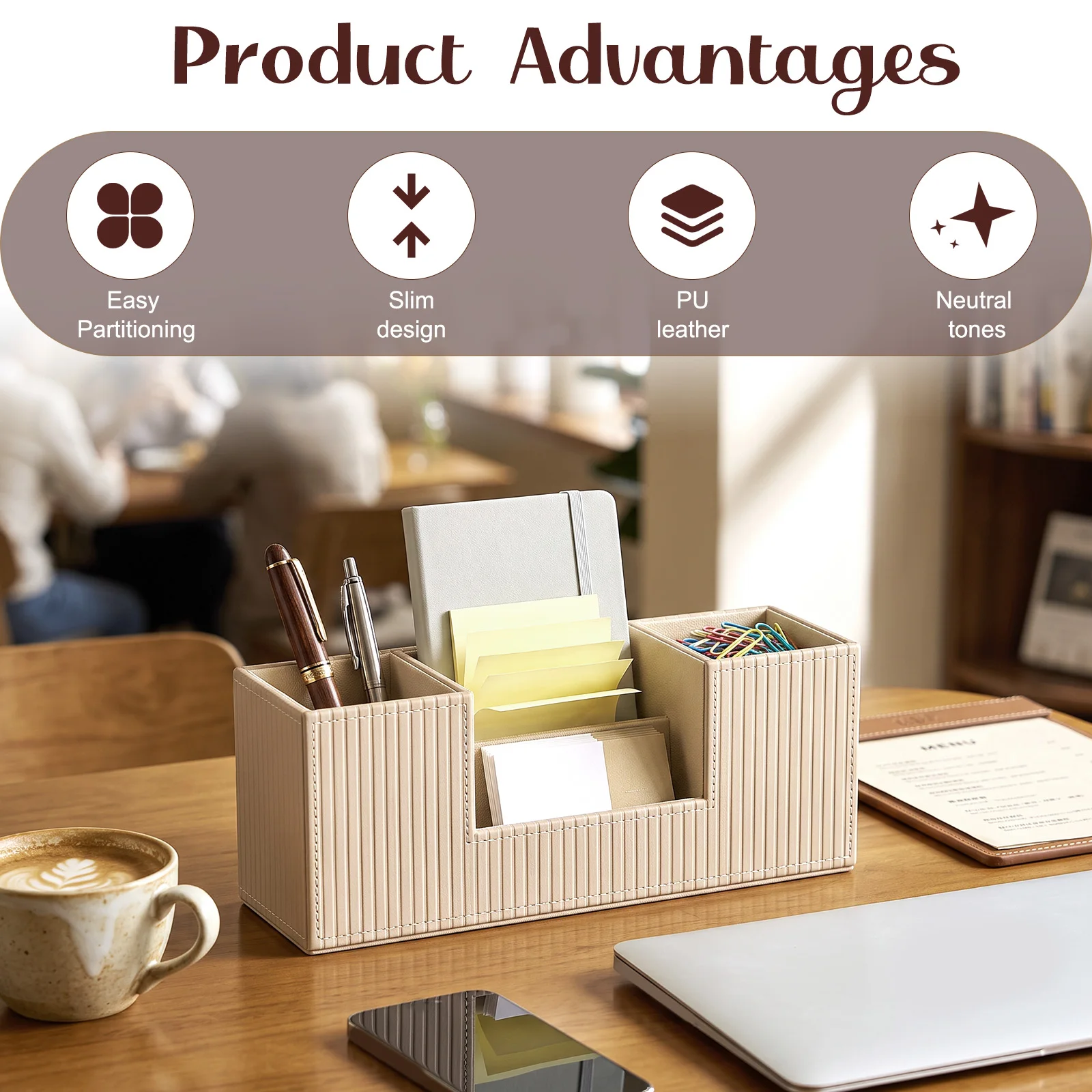 Desktop Storage Box PU Leather Pen Holder with 4 Compartment Office Desk Pen Organizer Space Saving Cosmetics Finishing Box