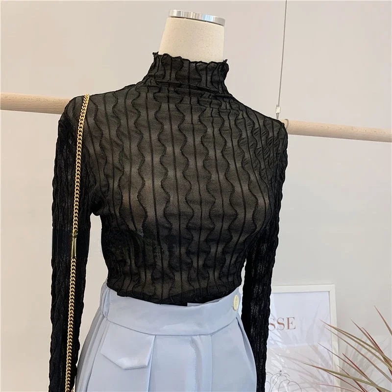 T-shirts Women Mesh Slim Long Sleeve Autumn Fashion Feminine Casual Basic Inner All-match Solid Sheer Elegant Female Folds Girls