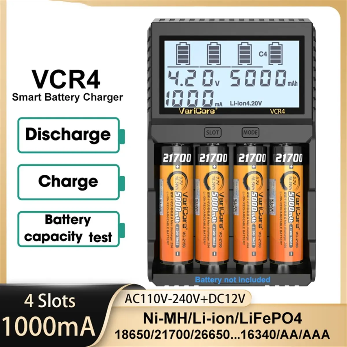 

VCR4 4-слотовое интеллектуальное зарядное устройство с ЖК-дисплеем 18650/21700/26650 Li-Ion 3,7 В LiFePO4 3,2 В NiMH/Cd 1,2 В AA AAA Универсальное зарядное устройство с вилкой стандарта США