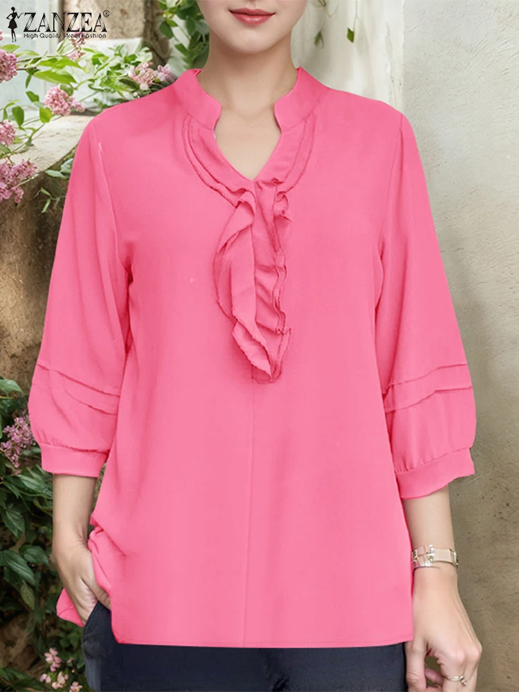 

ZANZEA 2022, осенняя блузка, женская стильная рубашка с оборками, элегантные топы с v-образным вырезом и рукавами 3/4, женские OL Work Blusas, однотонные свободные Mujer