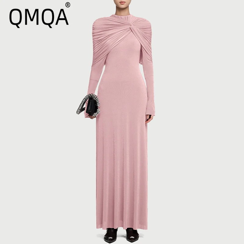 

QMQA Fashion Women's Solid Color Dress Kink Asymmetric Pleated Long Sleeve Slimming Elegant Party Dresses 2025 New Clothes QM520