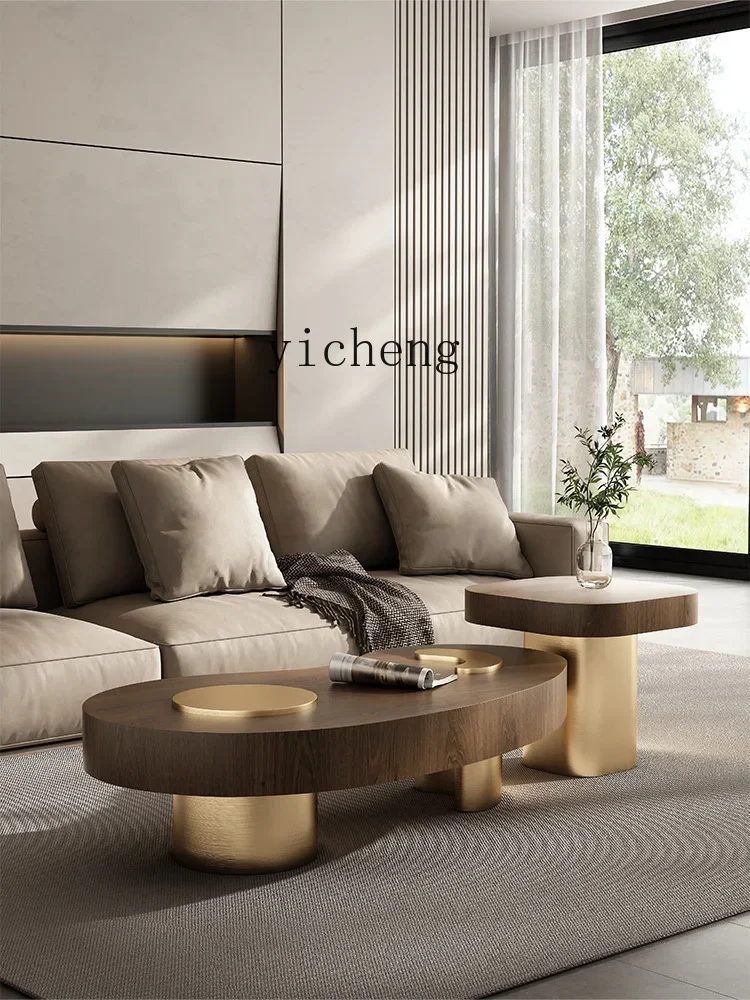 ZF Light Luxury Small Apartment Living Room Cream Black Walnut Solid Wood Special-Shaped Coffee Table TV Cabinet Combination