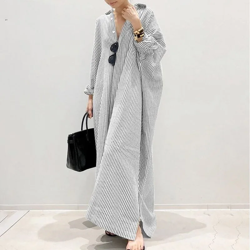 Vestido de talla grande a rayas con solapa, ropa de talla grande, cárdigan suelto de manga larga con botones, falda informal grande 2022 4XL 5XL
