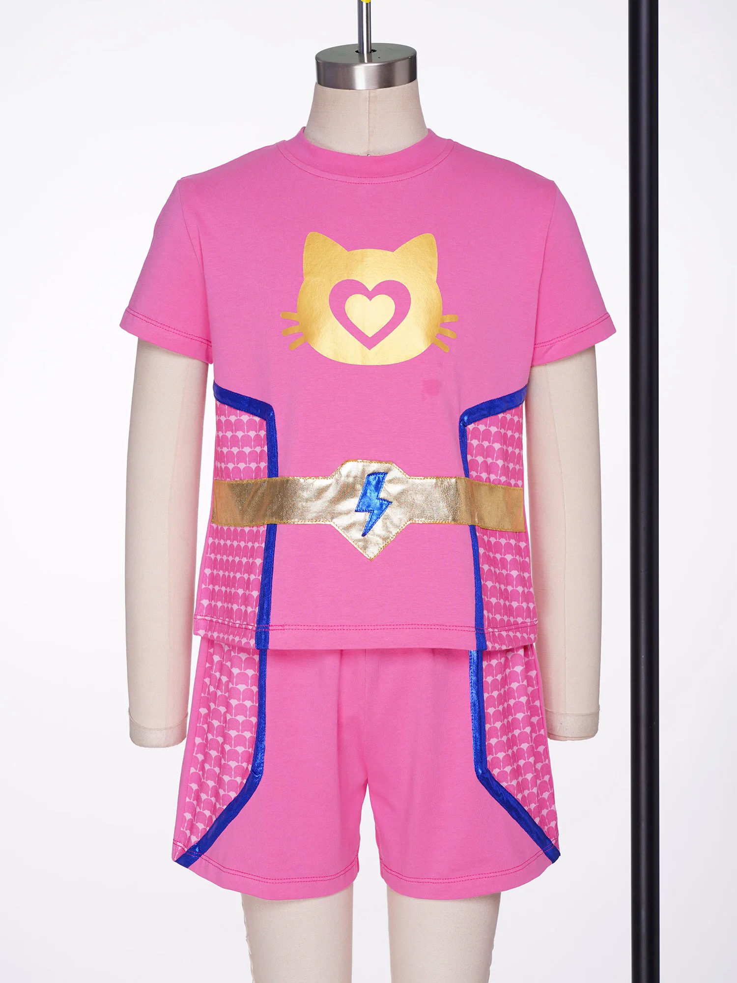 Kids Girls Tracksuits Sportswear Short Sleeve Metallic Cat Pattern Top with Shorts Outfit for Yoga Running Training Fitness Suit