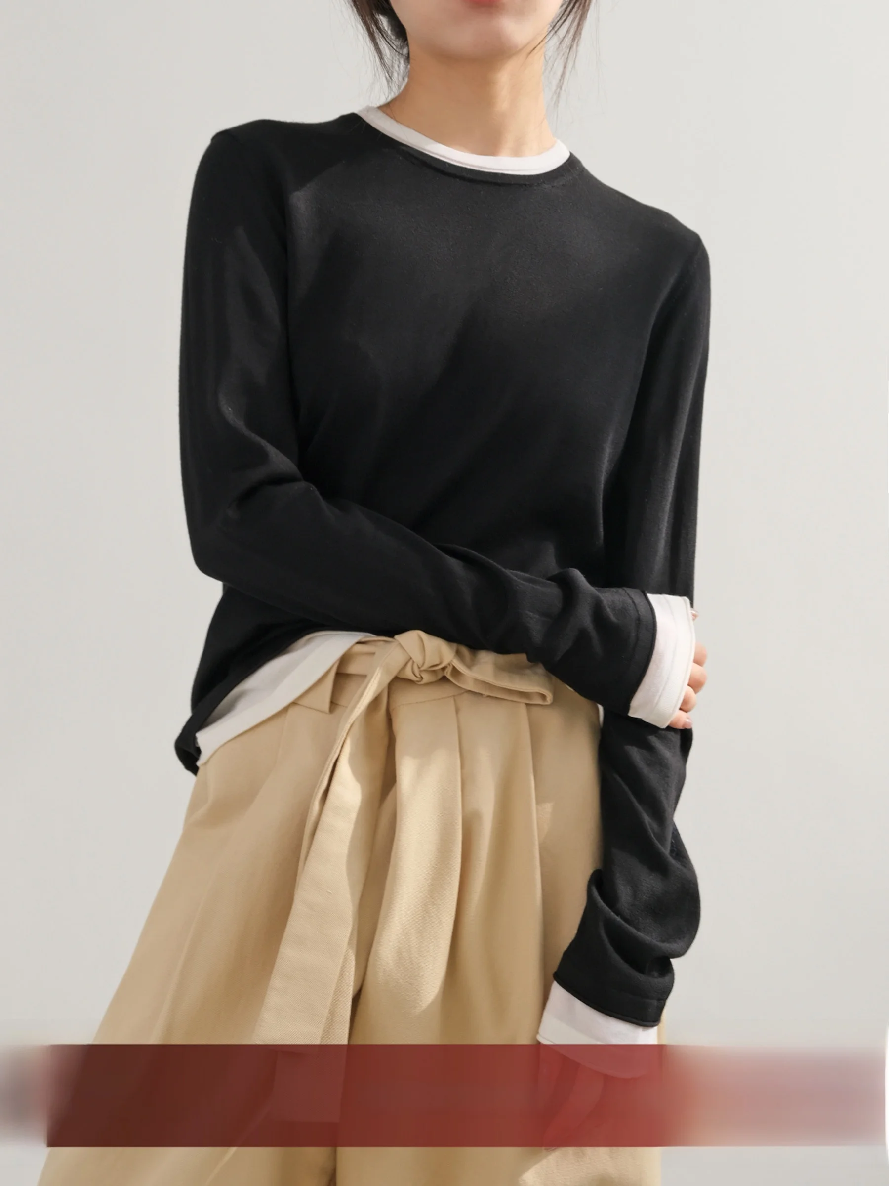 

VG lway: Универсальный вязаный топ из смесовой шерсти с длинным рукавом и круглым вырезом для ранней весны, свободный крой, для повседневной носки