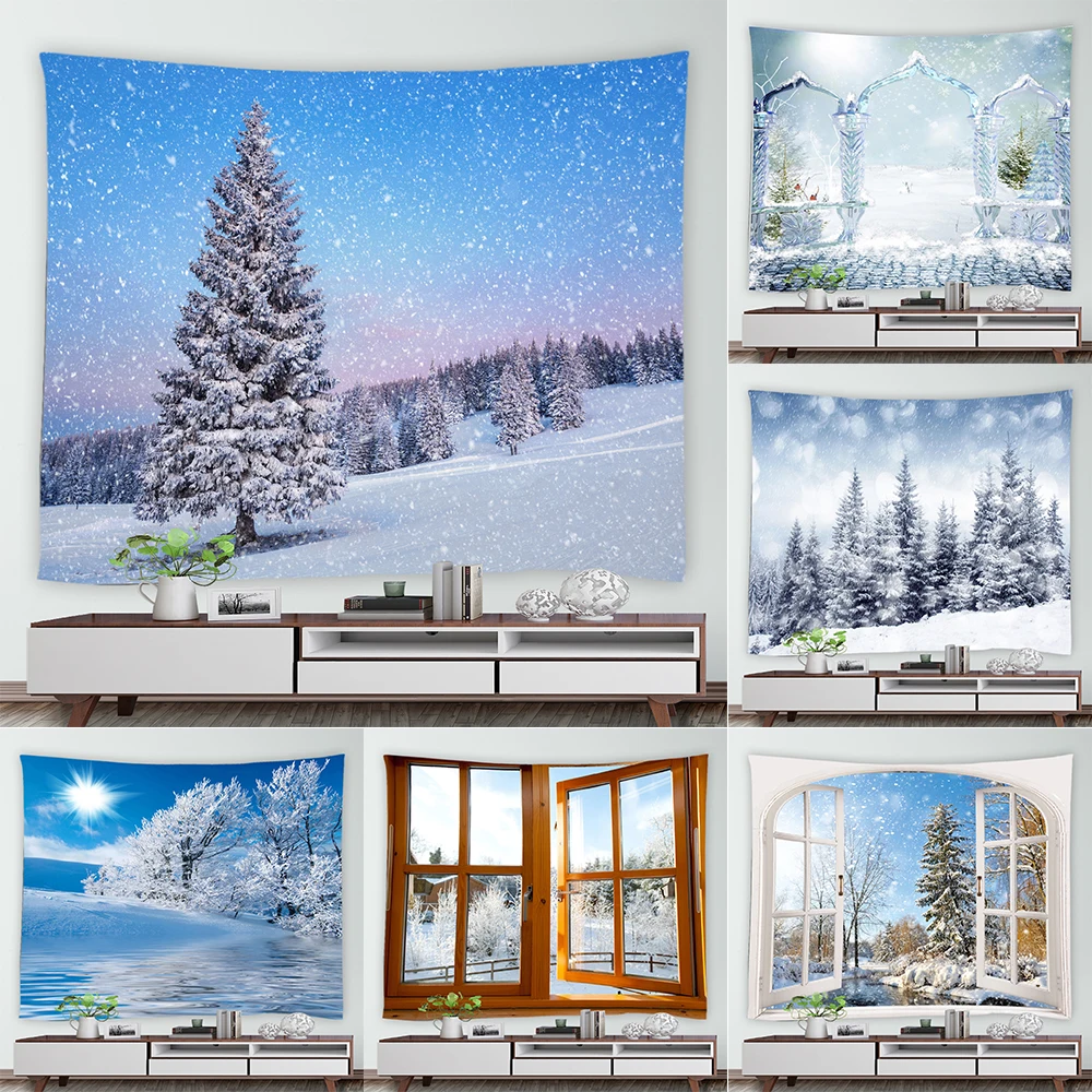 

Winter White Tree Forest Natural Scenery Print Pattern Tapestry Home Living Room Bedroom Wall Decor Background Cloth