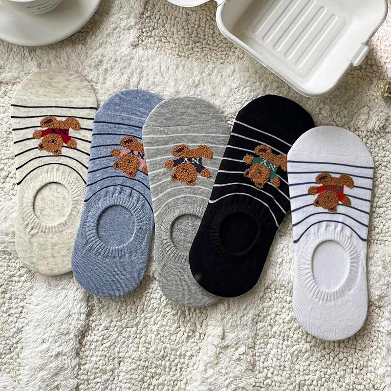 5 Pairs Women Socks Kawaii Spring Summer Cartoon Socks Bear Striped Cute Casual Female Invisible Non-slip Invisible Socks Sox