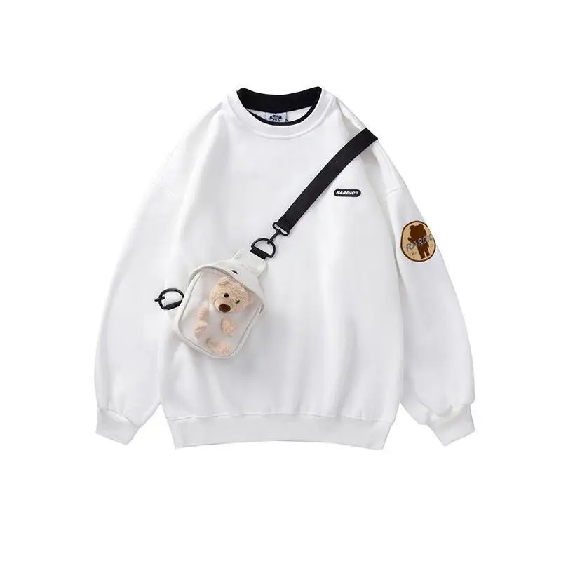 Bear Crossbody Small Schoolbag Fake Two-piece Sweatshirt For Women Korean-style Loose Fashion O Neck Thin Pullover Hoodies Lady