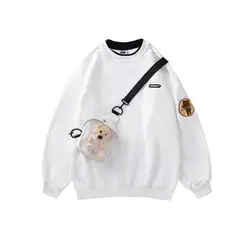 Sweat-shirt à bandoulière ours pour femme, faux deux pièces, petit cartable, style coréen, mode adt, pull fin à col rond, sweats à capuche pour femme