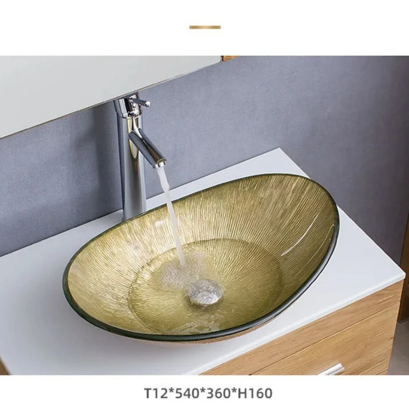 A Great discounts Oval Bathroom Basin Glass Sinks Countertop Vessel Washbasin Tempered Glass Line stripe Sink Chrome-plated S