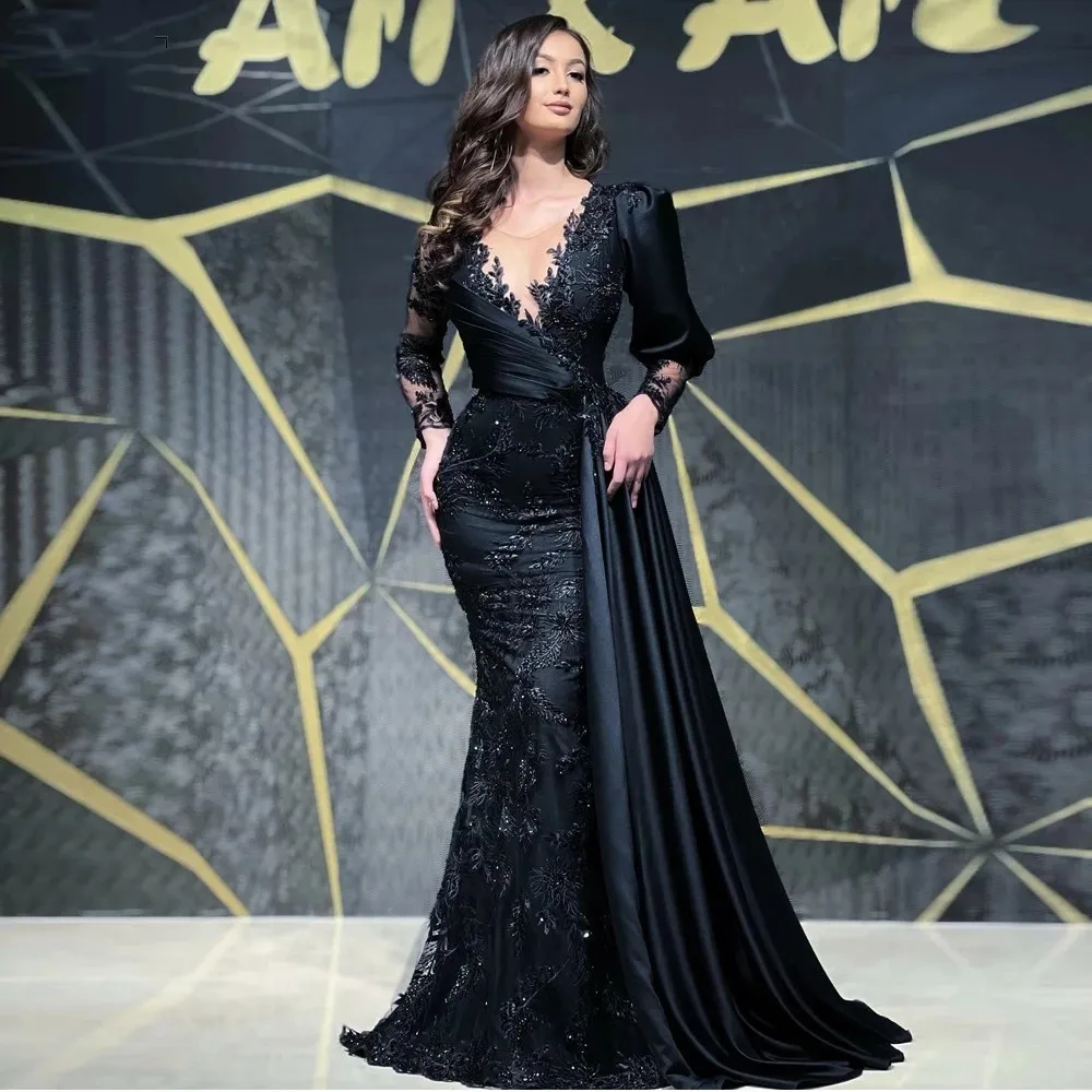 Vestidos de Noche negros sexis y encantadores para mujer, mangas largas de encaje completo, elegante, sirena, Formal, para fiesta de graduación, Dubai Maxi, 2023