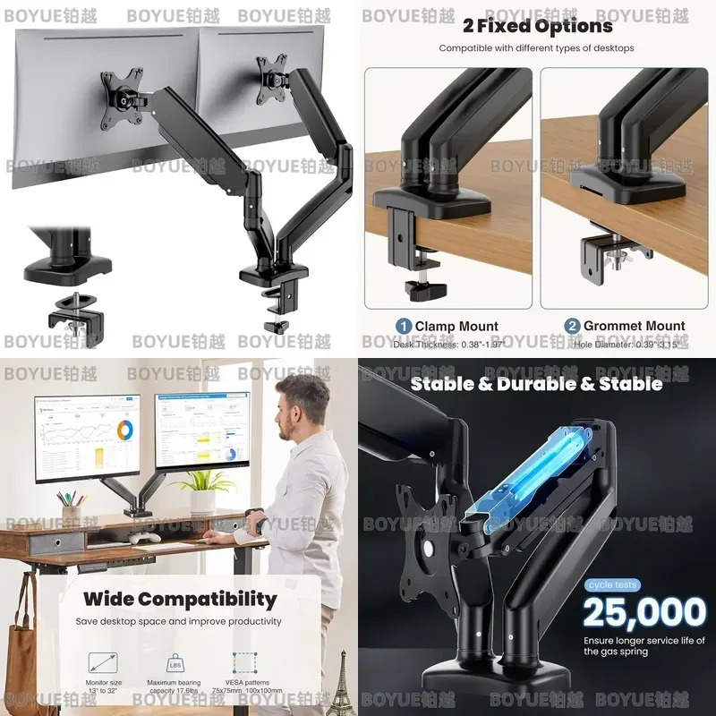 Dual Monitor Stand Gas Spring Desk Mount Arm for Two Screens Up to 32 Inch Adjustable VESA Computer Display Holder Riser