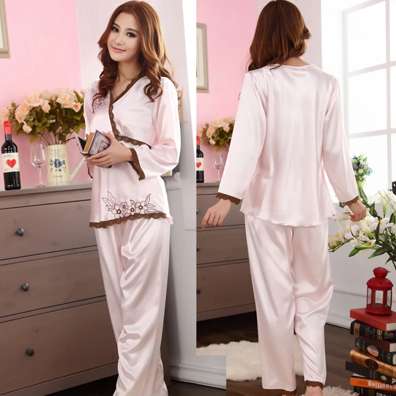 Women Silk Pajamas Set New Brand Spring Fall Fashion Lace Embroideried Nightgown Elegant Ladies Sleepwear Red,Beige White,Pink