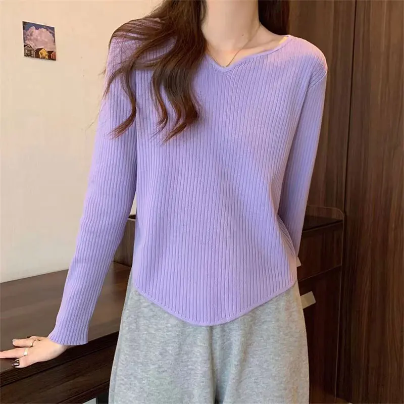 Women's Autumn Casual Simplicity Solid Color V-neck Long Sleeve T-Shirt Women Clothes Fashion Elegant All-match Temperament Tops