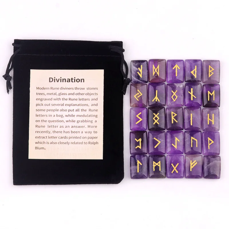 25pcs Runes Set Natural Amethyst Tiger Eye Red Agate Stone Carved Norse Symbols Divination Tools Witchcraft Jewelry Supplies