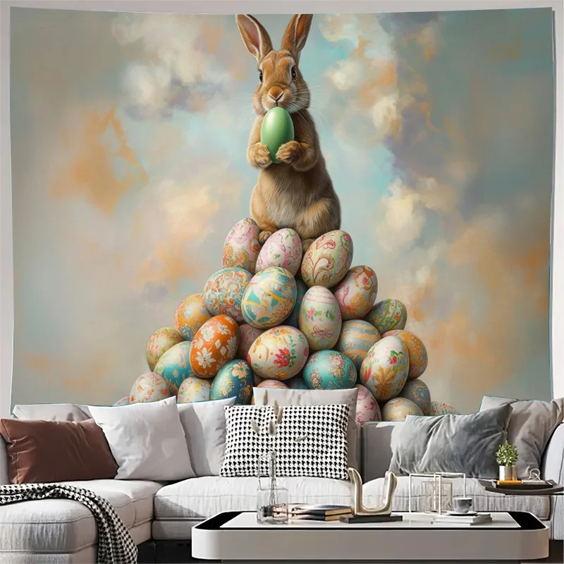 Beautiful Watercolor Easter Bunny Tapestry Wall Hanging Spring Holiday Decor Cute Rabbit Eggs Nursery Room Art Canvas Print