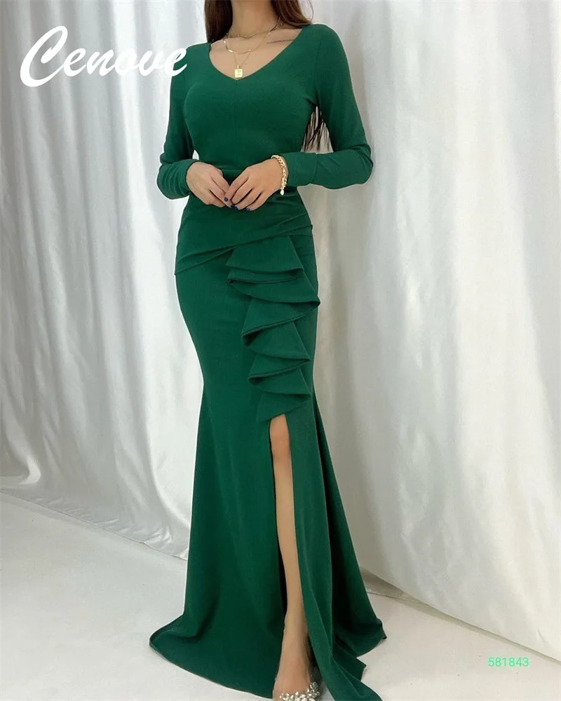 Cenove V Neckline Prom Dress Split Ruffle Tight Floor-Length With Long  Sleeves Evening Summer Party Dress For Women2023