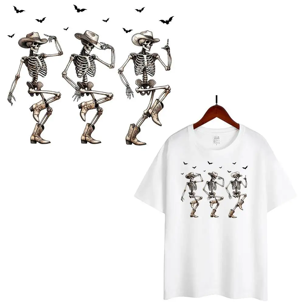 Punk Style Skeleton Cowboy Bat Heat Transfer Patches For Clothes DIY A-Level Washable T-shirts Iron-on Thermal Sticker