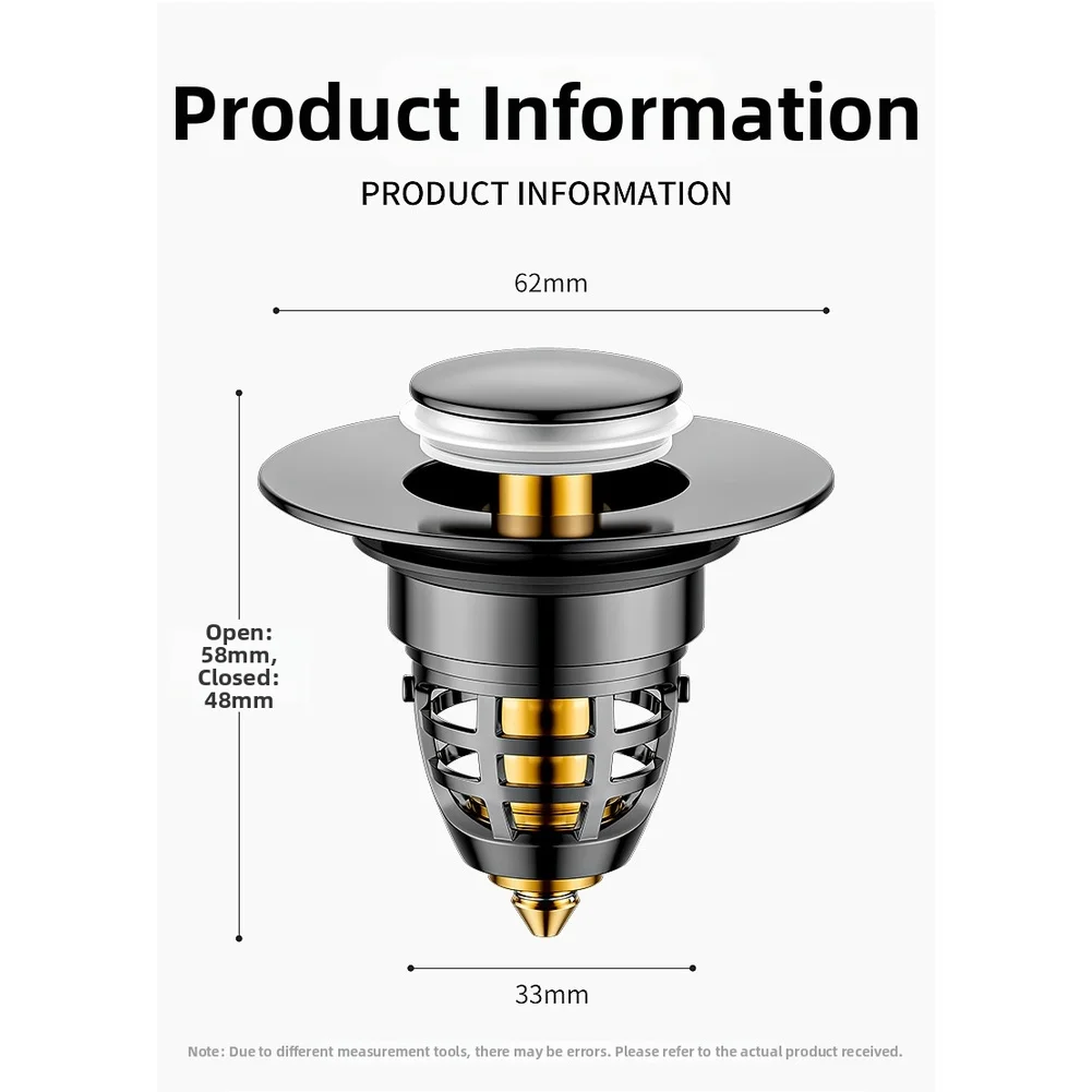 Stainless Steel Press Type Push Up Drain Stopper with Detachable Filter Mesh for Basin Sink 33mm to 40mm Diameter
