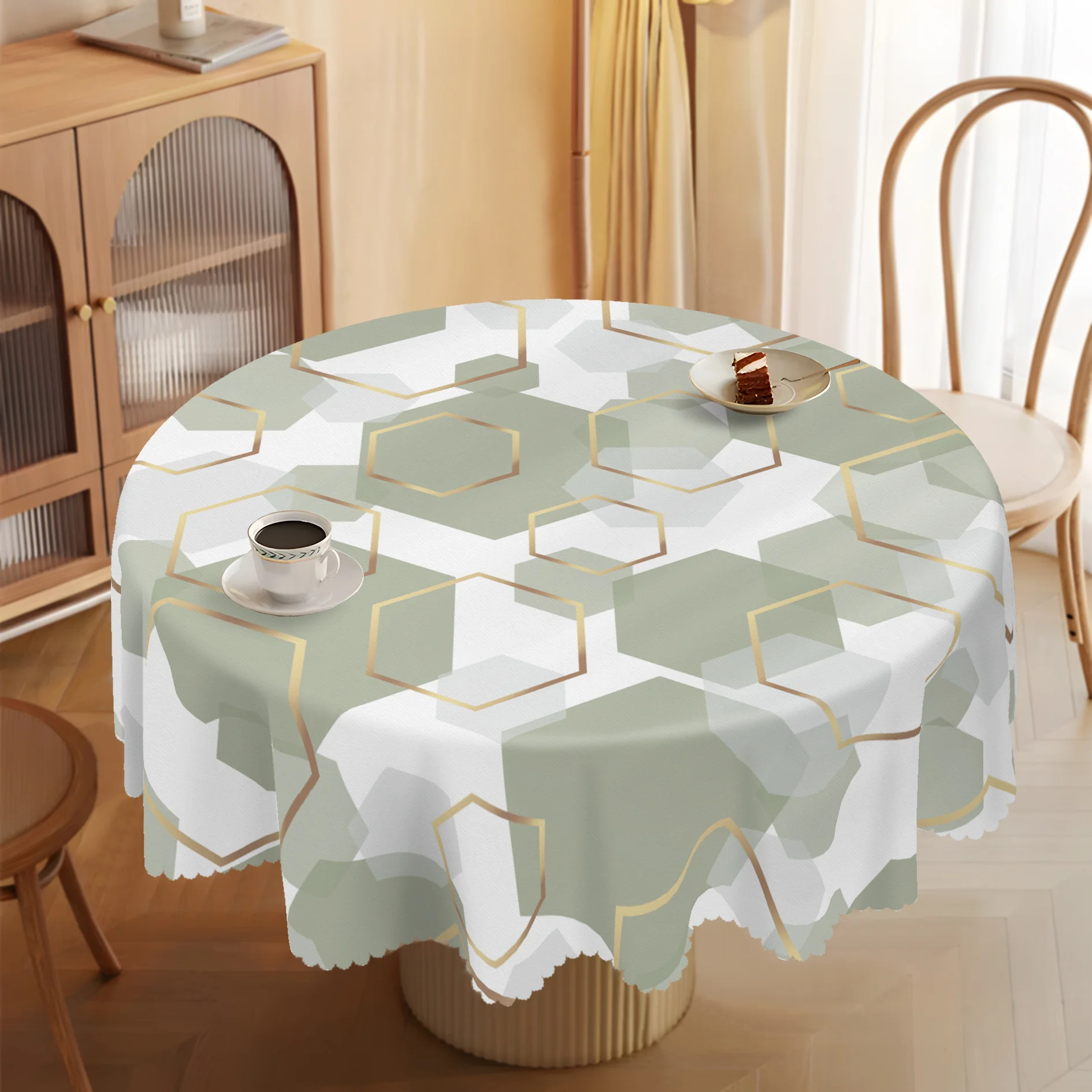 Geometric tablecloth, sage green with gold-plated geometric design, elegant modern style design.