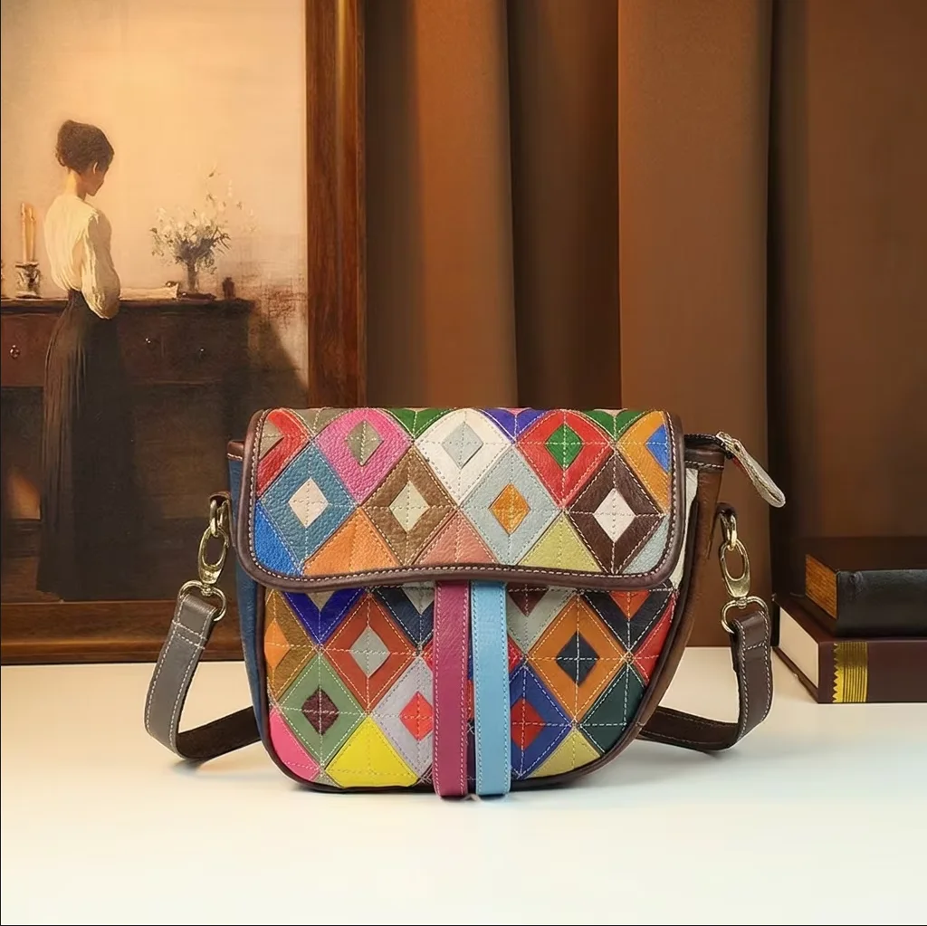 Genuine Leather Patchwork Crossbody Bag for Women Colorful Bohemian Shoulder Bag Vintage Cowhide Saddle Bag Ethnic Messenger