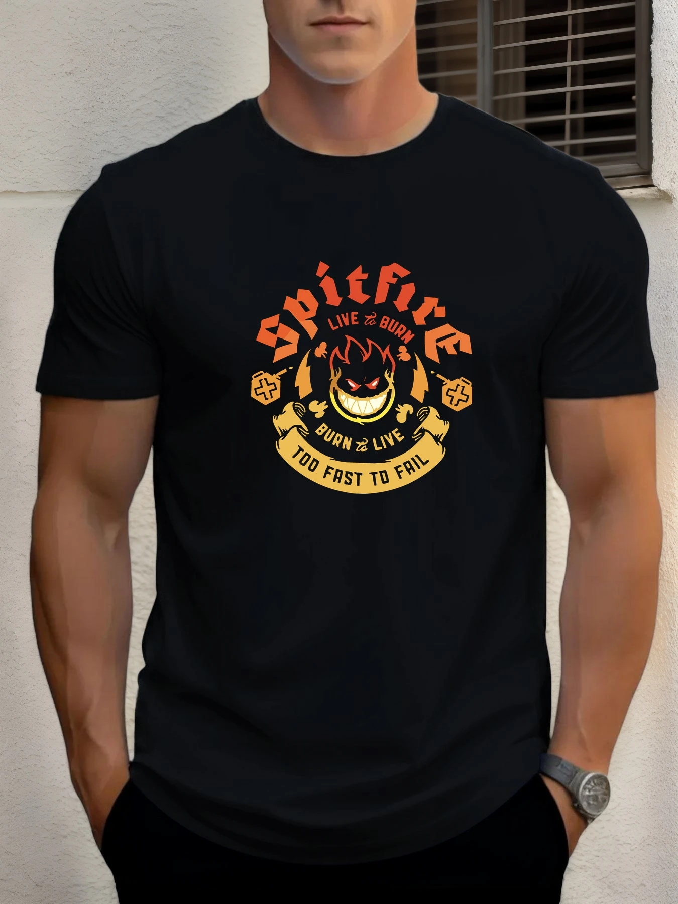 Men's T-Shirt 2025 New Arrival Edgy Punk Spitfire Graphic Fiery Demon Slogan Bold Print Stylish Top Daily Casual