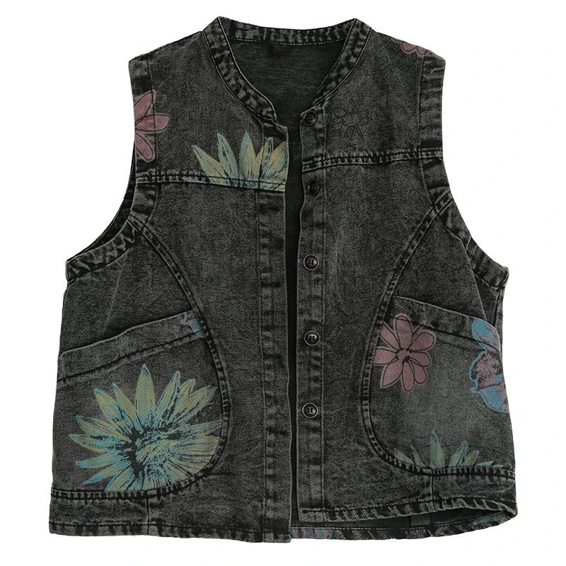 Gilet di jeans con stampa floreale retrò Mantello dimagrante stile etnico sciolto per donna Primavera Casual Chic ​