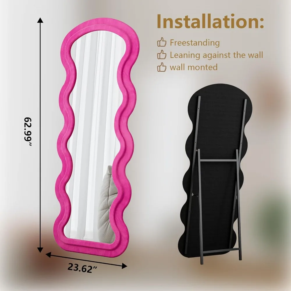 Grande espelho de chão ondulado de comprimento total com tecido de flanela, espelho de parede independente de 63 x 24 para visualização de corpo inteiro