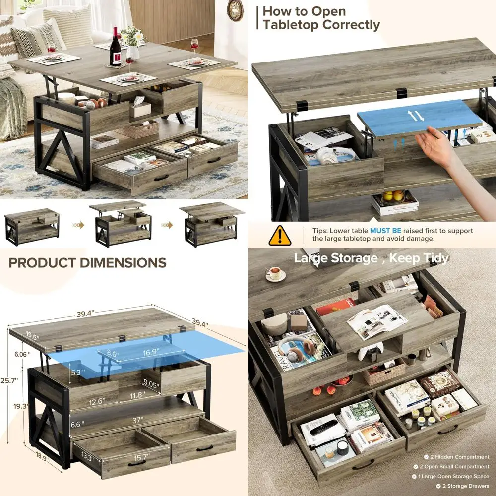 

Farmhouse Style 4-in-1 Multifunction Lift Top Coffee Table with Storage Drawers and Hidden Compartments