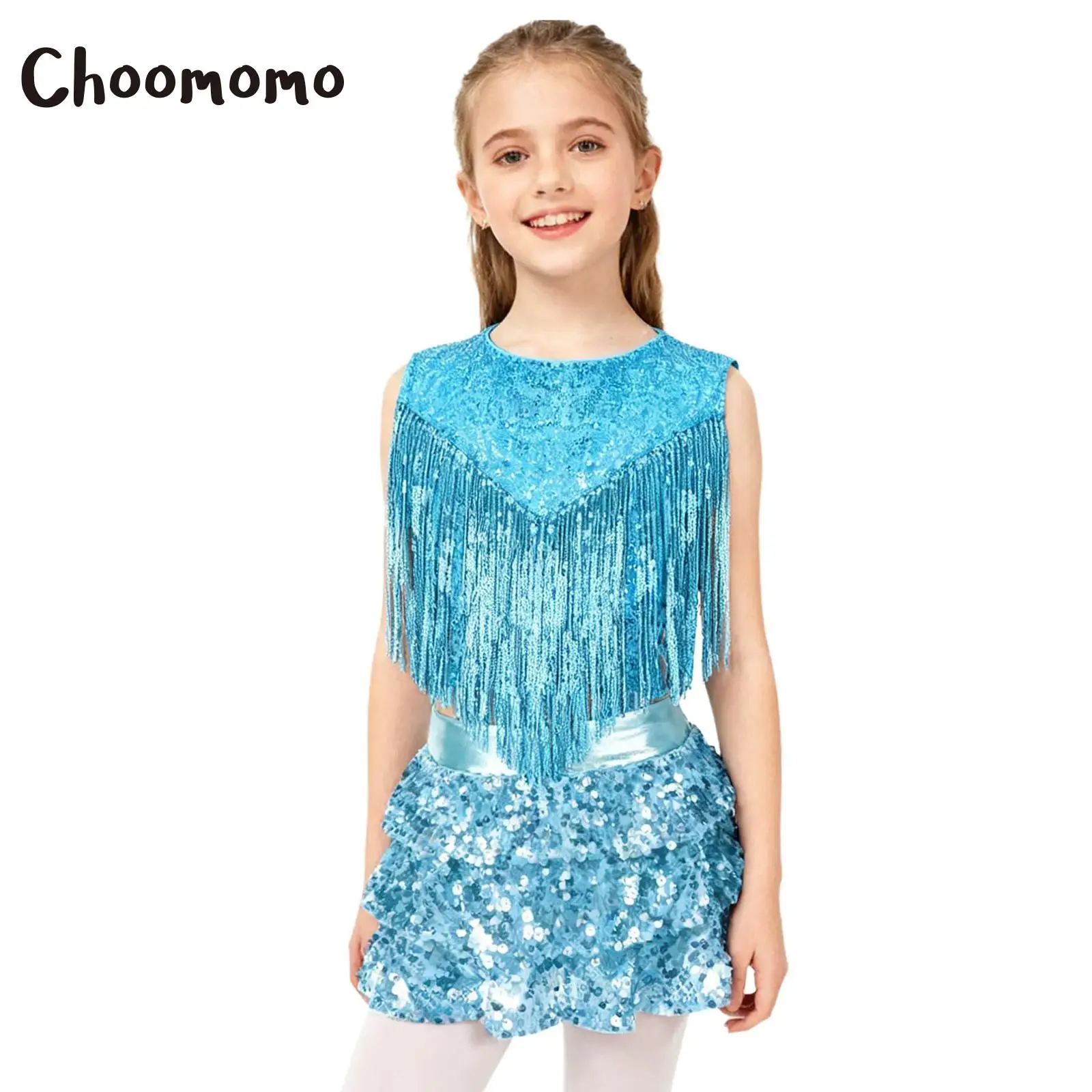 

Kids Girls Jazz Dance Outfit 70S Disco Costumes Metallic Sequin Tassels Crop Top with Tiered Ruffle Skirted Shorts Culottes Sets