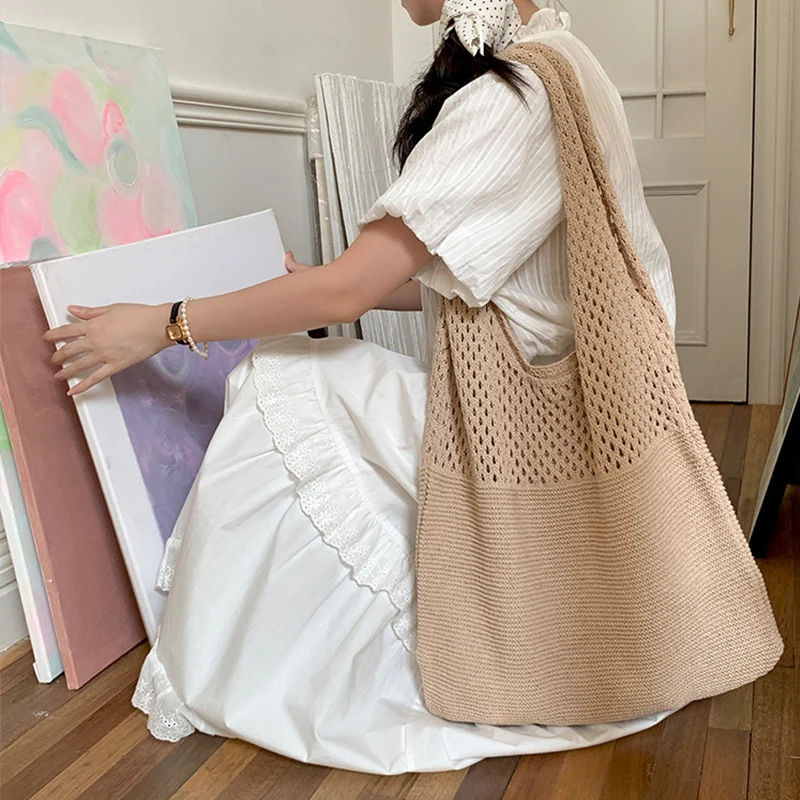 

Designer Knitted Handbags Large Capacity Totes Women Pack Summer Beach Bag Big Purses Casual Hollow Woven Shoulder Bags