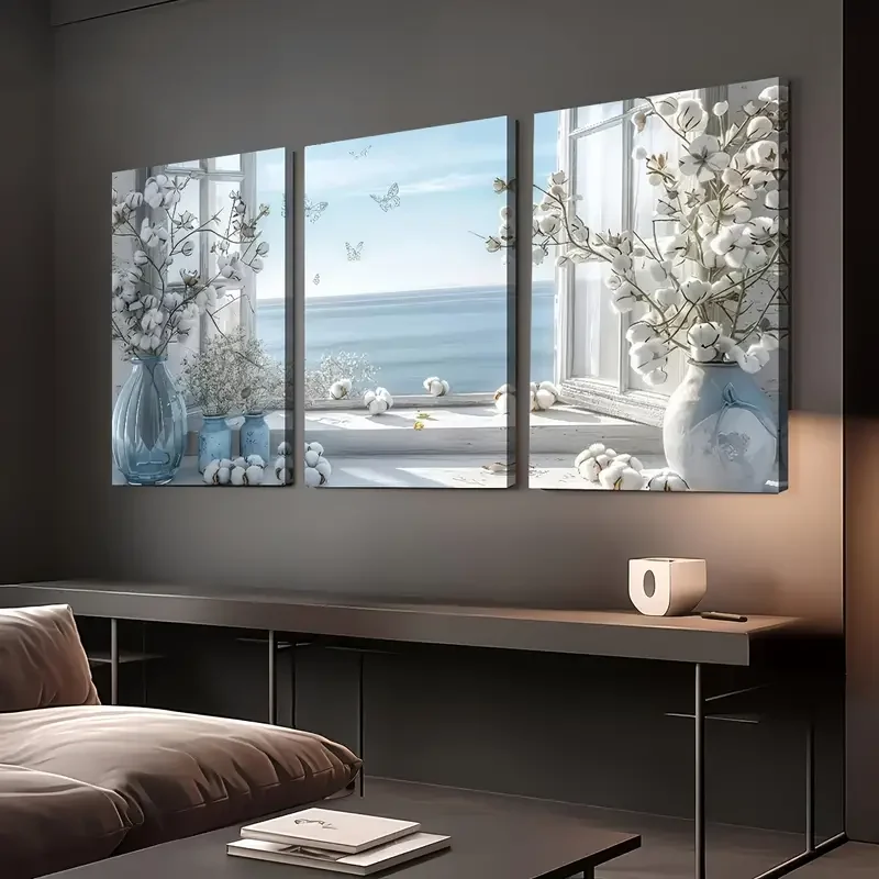 

5D Diy Diamond Painting Triptych White Flowers Vase Sea Scenery Home Decoration 3pcs Full Square Round Diamond Embroidery