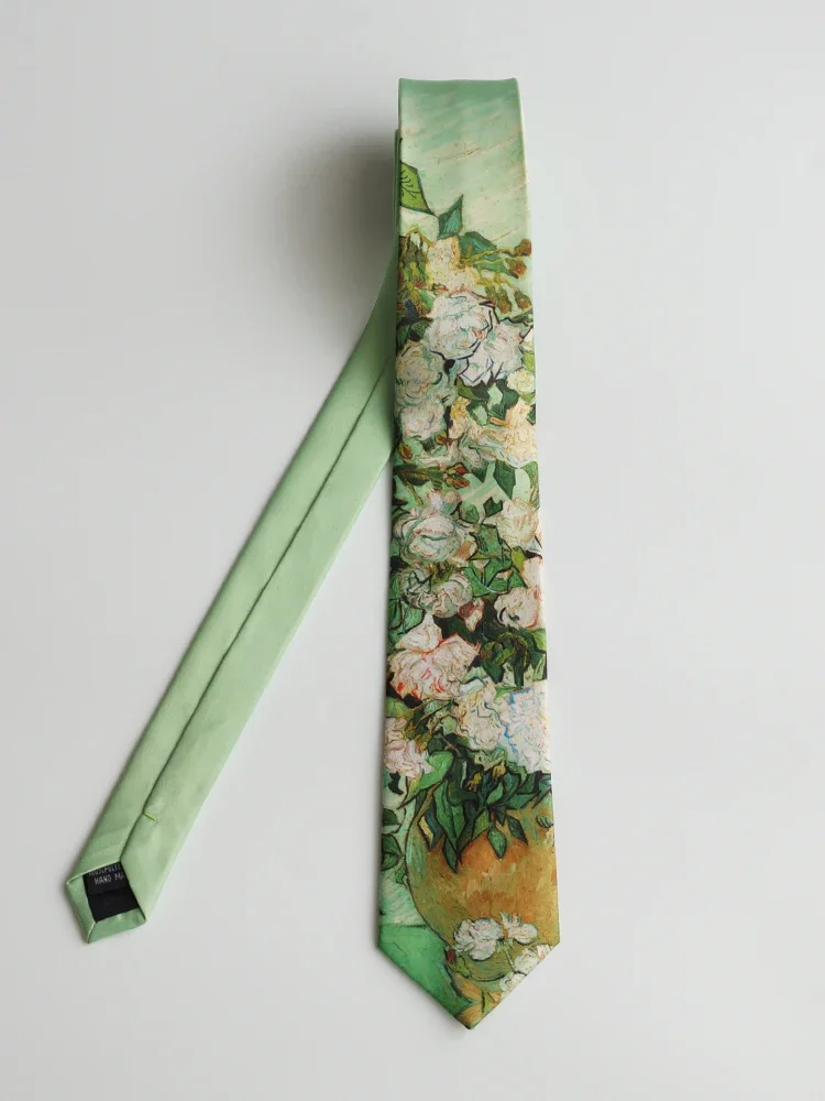 Van Gogh oil painting white rose light green print tie fresh literary birthday gift for men and women 1 piece