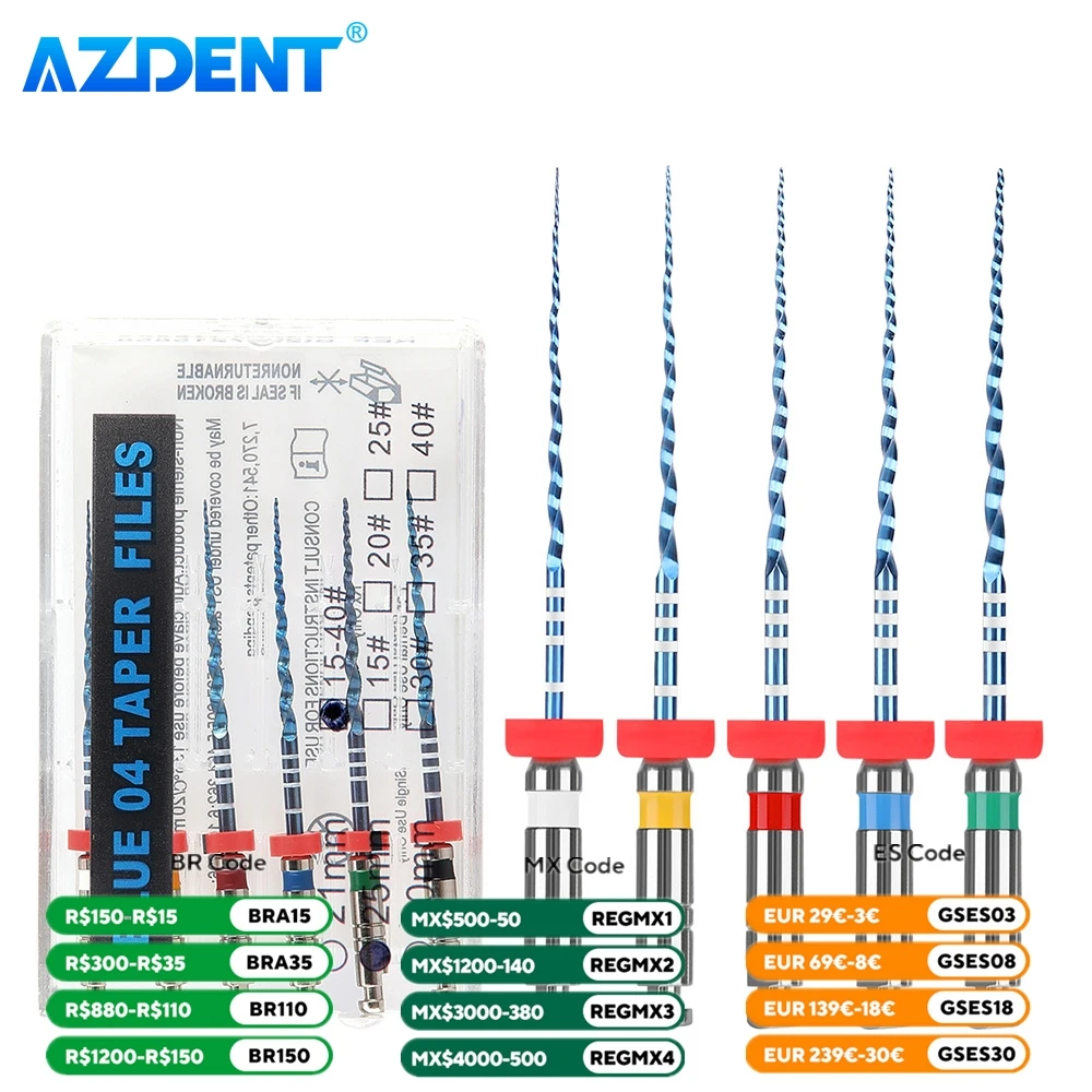 Arquivo rotativo do canal radicular dental, ativação térmica AZDENT, arquivos NiTi, uso do motor, Endo, V, azul, #15-#40, 21mm, 25mm, cone, 6 peças