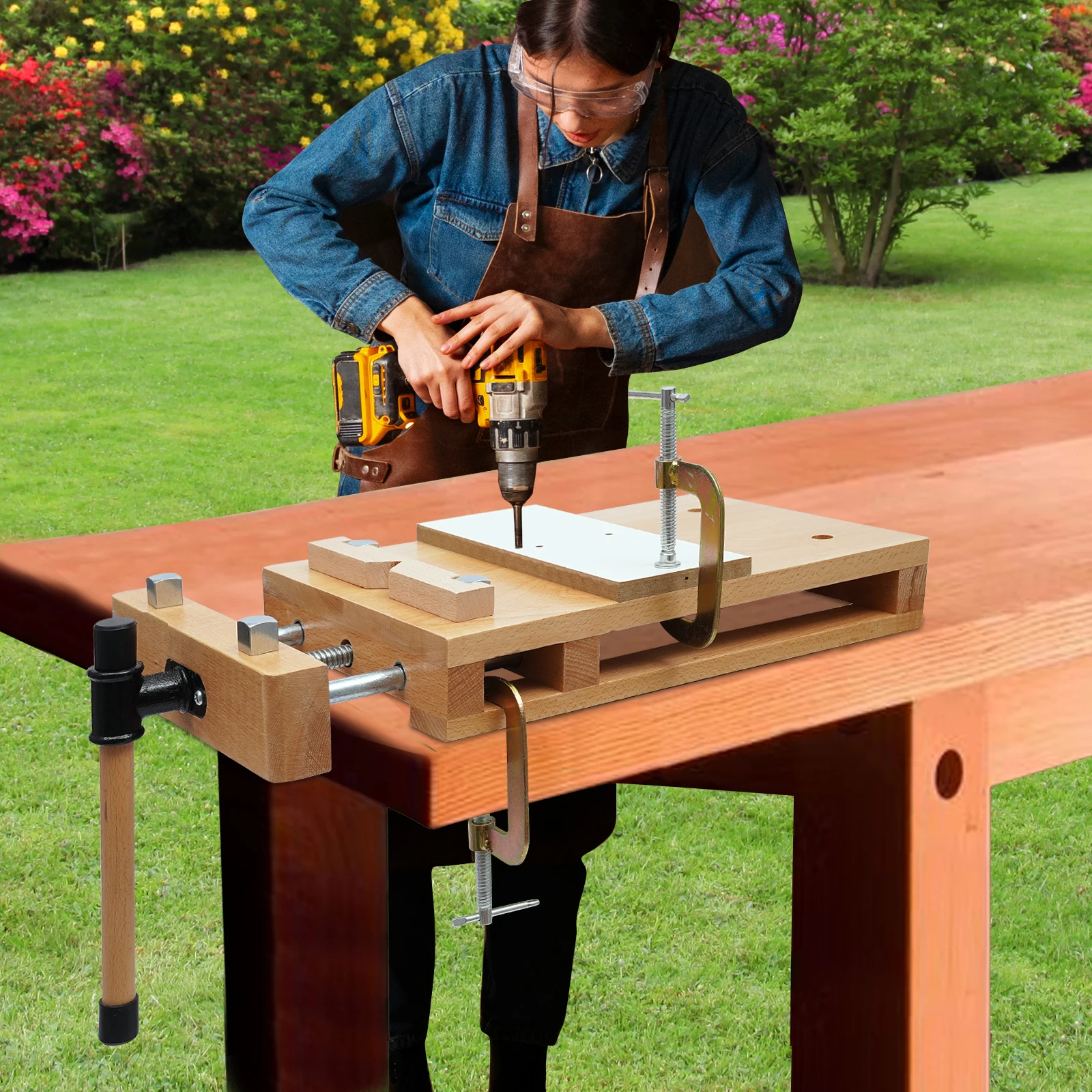 Oryginalny kolor drewna, imadło stolarskie, stół warsztatowy z litego drewna bukowego - otwór na klipsy 20 cm, stabilne mocowanie (bez uszkadzeń elementu roboczego)